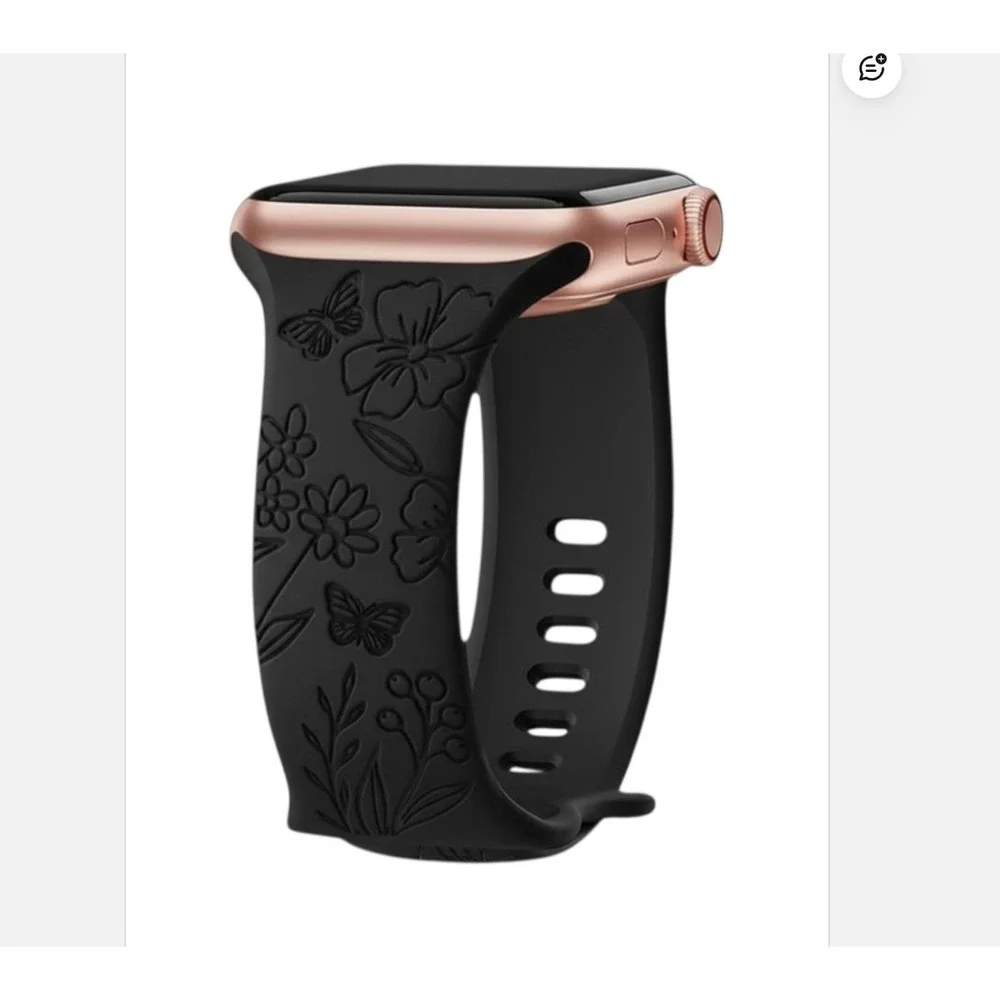For Apple iWatch Compatible Black Etched Floral Silicone Watch Band 42/44/45mm